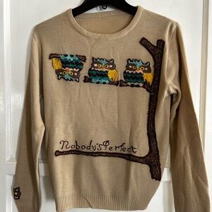Owl Embroidered Beige Sweater